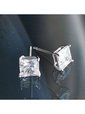 Sterling Silver CZ Emerald Cut Square Stud Earrings